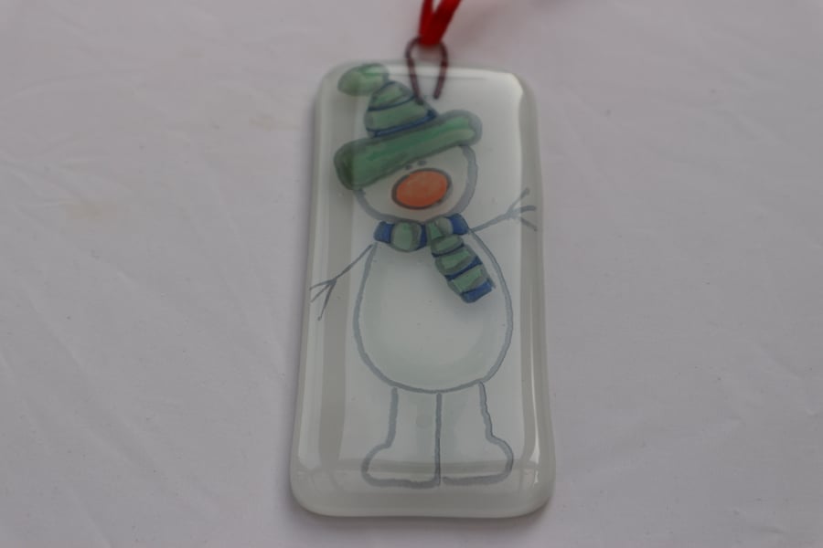  Handmade fused glass decoration or suncatcher - Snowman with green hat on white