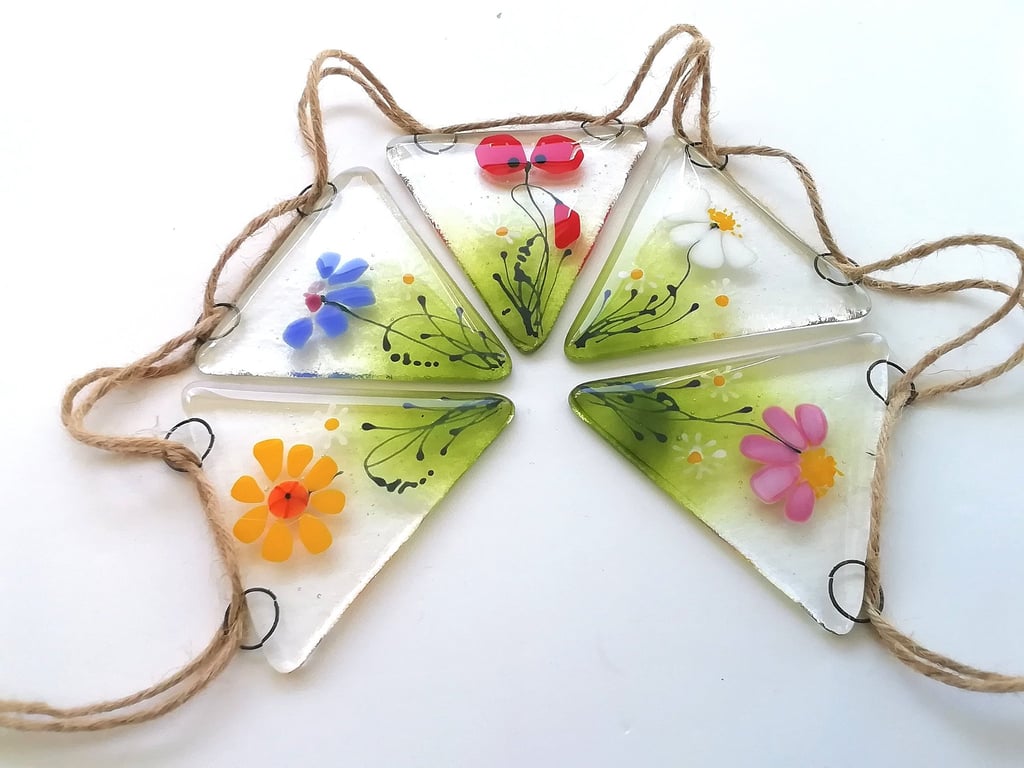 Summer floral bunting, fused glass, gift for mum, patio decoration, window art. 