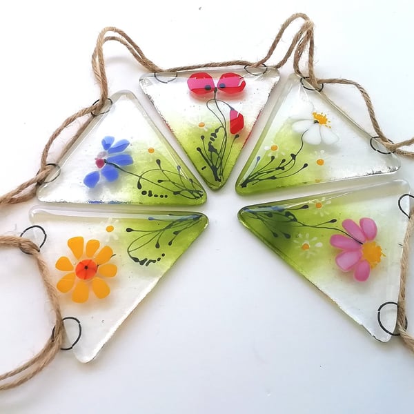 Summer floral bunting, fused glass, gift for mum, patio decoration, window art. 