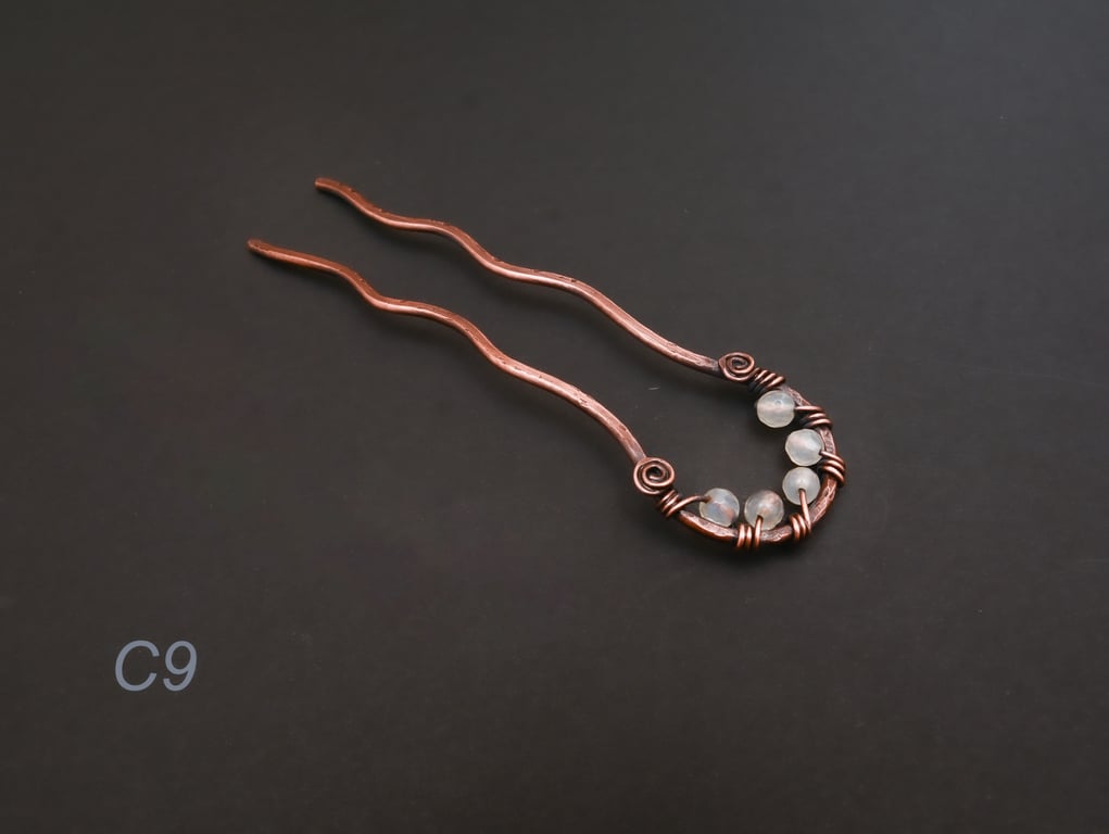 Antique copper hair fork,white quartz hair fork for short hair, 