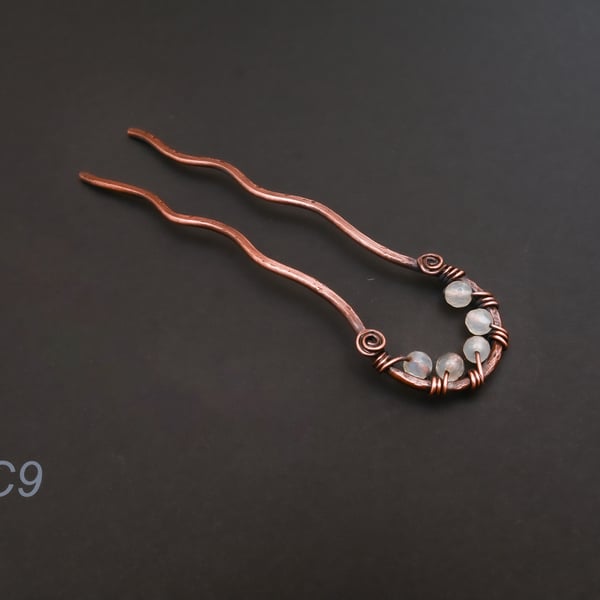 Antique copper hair fork,white quartz hair fork for short hair, 