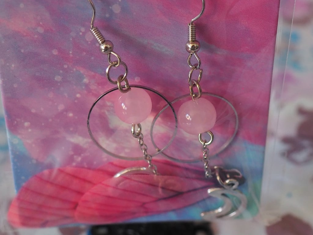 Butterfly Wing Dangle Earrings Pink Wings with Moon Charms