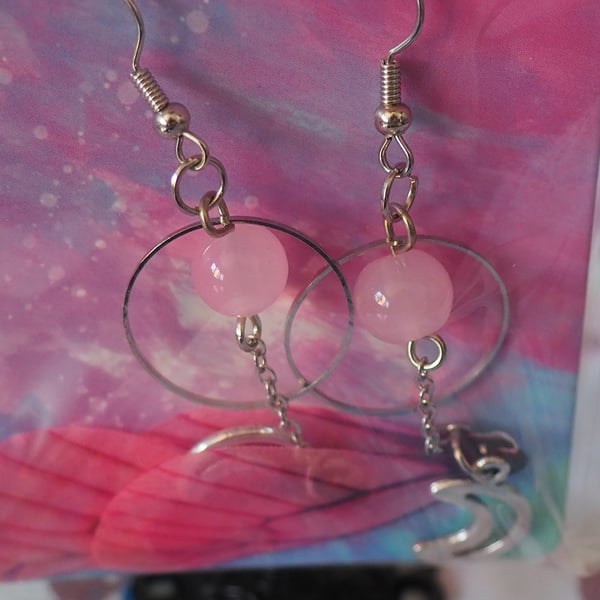 Butterfly Wing Dangle Earrings Pink Wings with Moon Charms