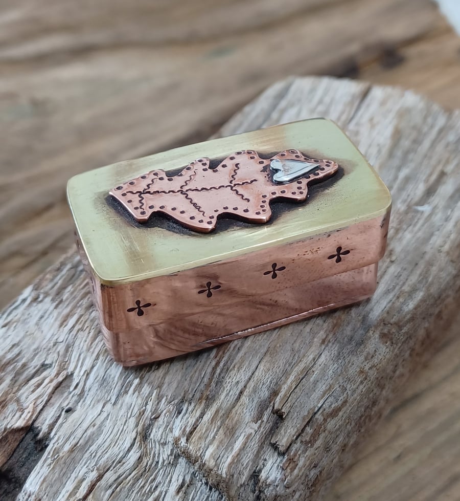 Copper box, collectable miniature copper, silver and brass oak leaf box