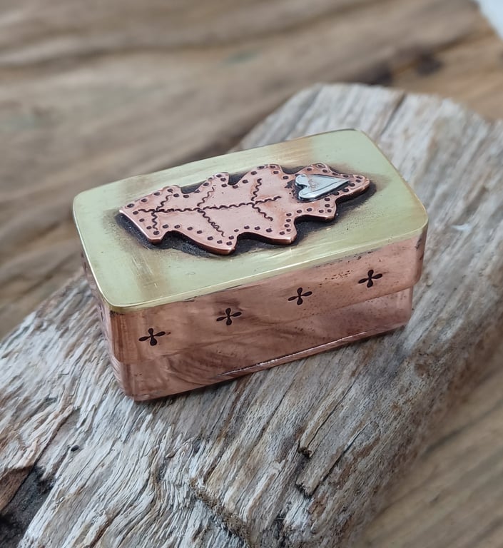 Copper box, collectable miniature copper, silver and brass oak leaf box