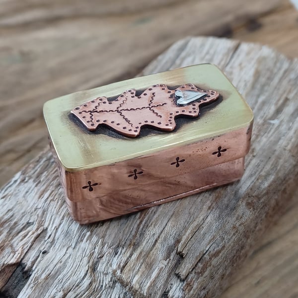 Copper box, collectable miniature copper, silver and brass oak leaf box