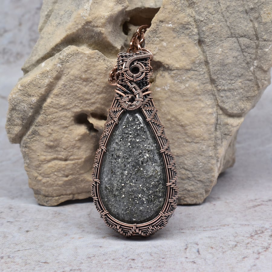 Black Sunstone and Copper Wire Woven One of a Kind Unisex Pendant