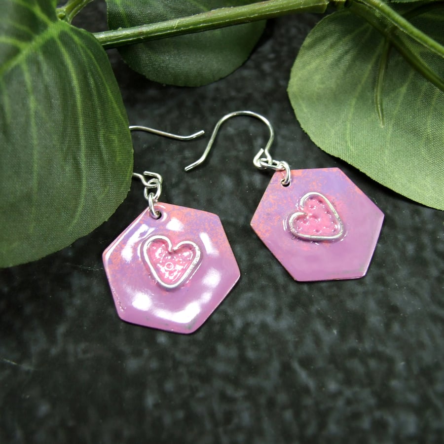 Earrings,Pink and Purple Hexagon Droppers. Copper with Enamel and Silver Hearts