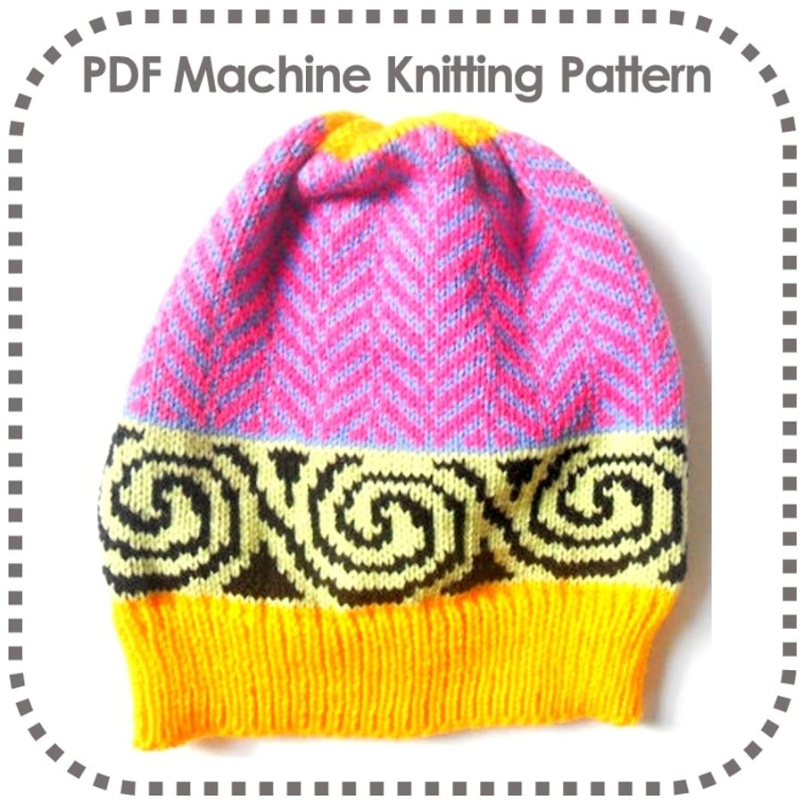 Beanie Hat Machine Knitting Pattern Winter Cap Prem Baby to Adult Man Fair Isle