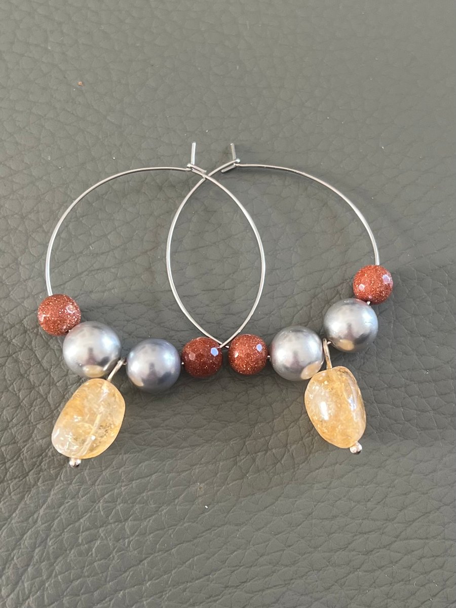 Handmade Hoop Earrings with Natural Gemstones 