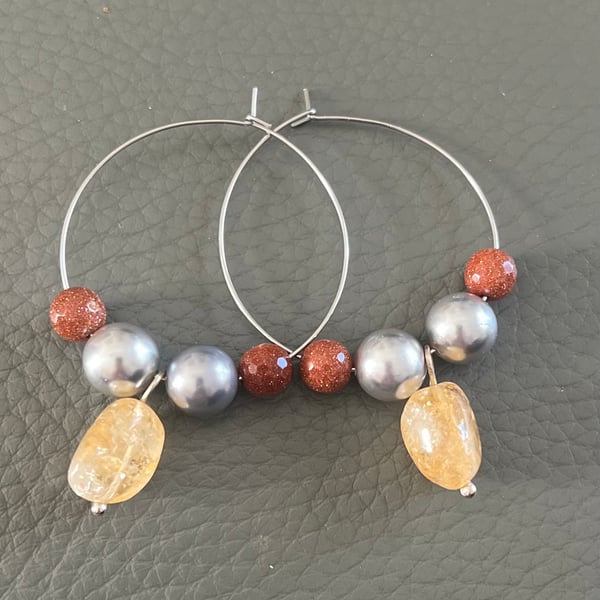 Handmade Hoop Earrings with Natural Gemstones 