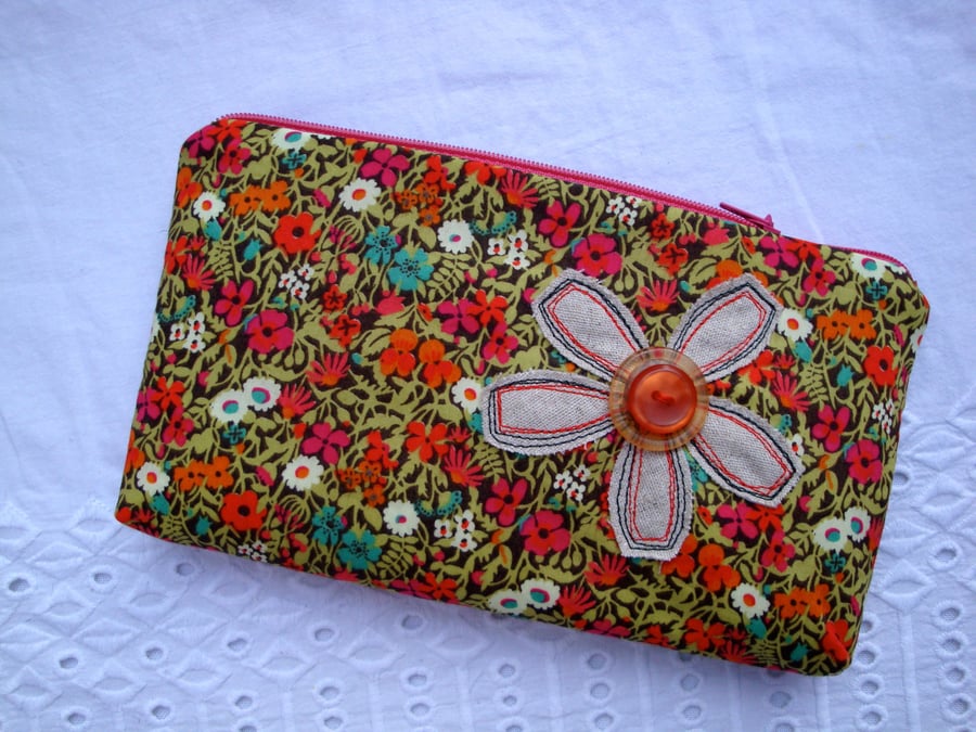 SALE Liberty print Make Up Bag -  zipper Pencil Case - appliqued linen flower .