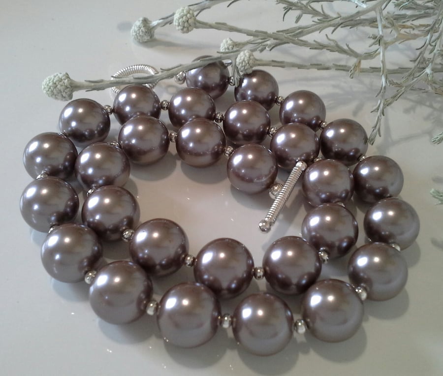 Large Ash Gray 16mm Shell Pearl Necklace Silver Plated