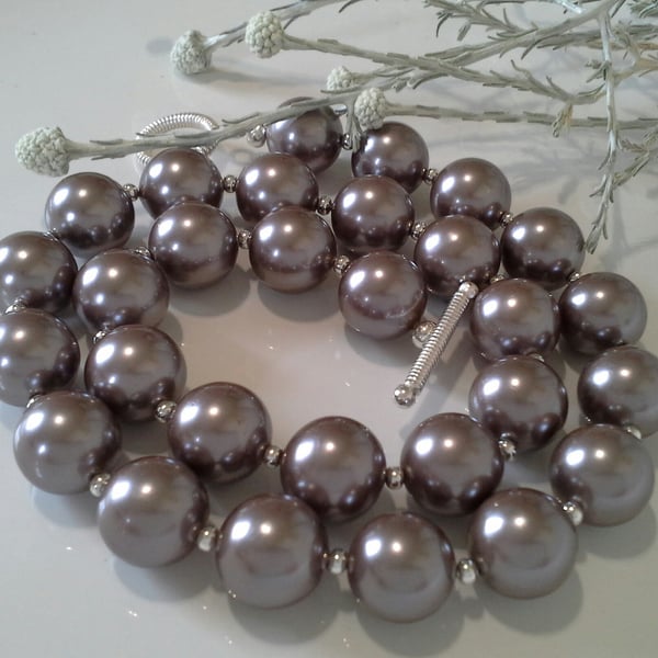 Sale Large Ash Gray 16mm Shell Pearl Necklace Silver Plated