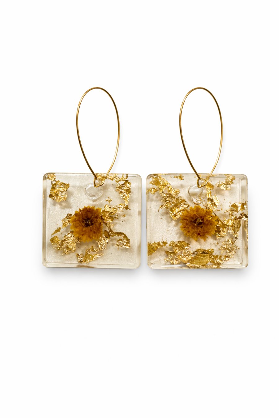 Square Resin Earrings with Orange Flowers & Gold Leaf – Botanical Dangle Earring