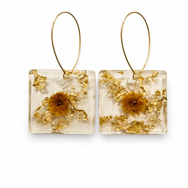 Square Resin Earrings with Orange Flowers & Gold Leaf – Botanical Dangle Earring