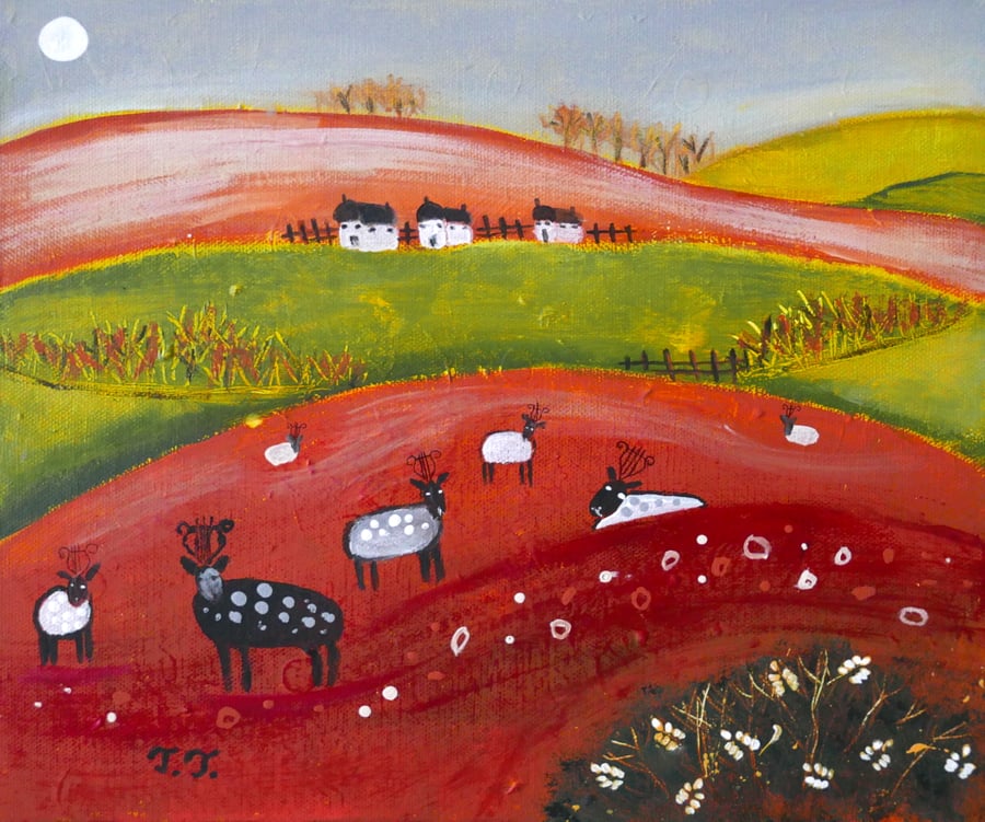 Autumn Landscape Painting, Sheep Illustration, Countryside Artwork 