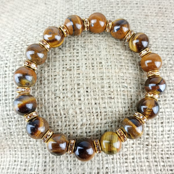 Natural Tiger Eye Bracelet -  expandable bracelet with rhinestone spacers