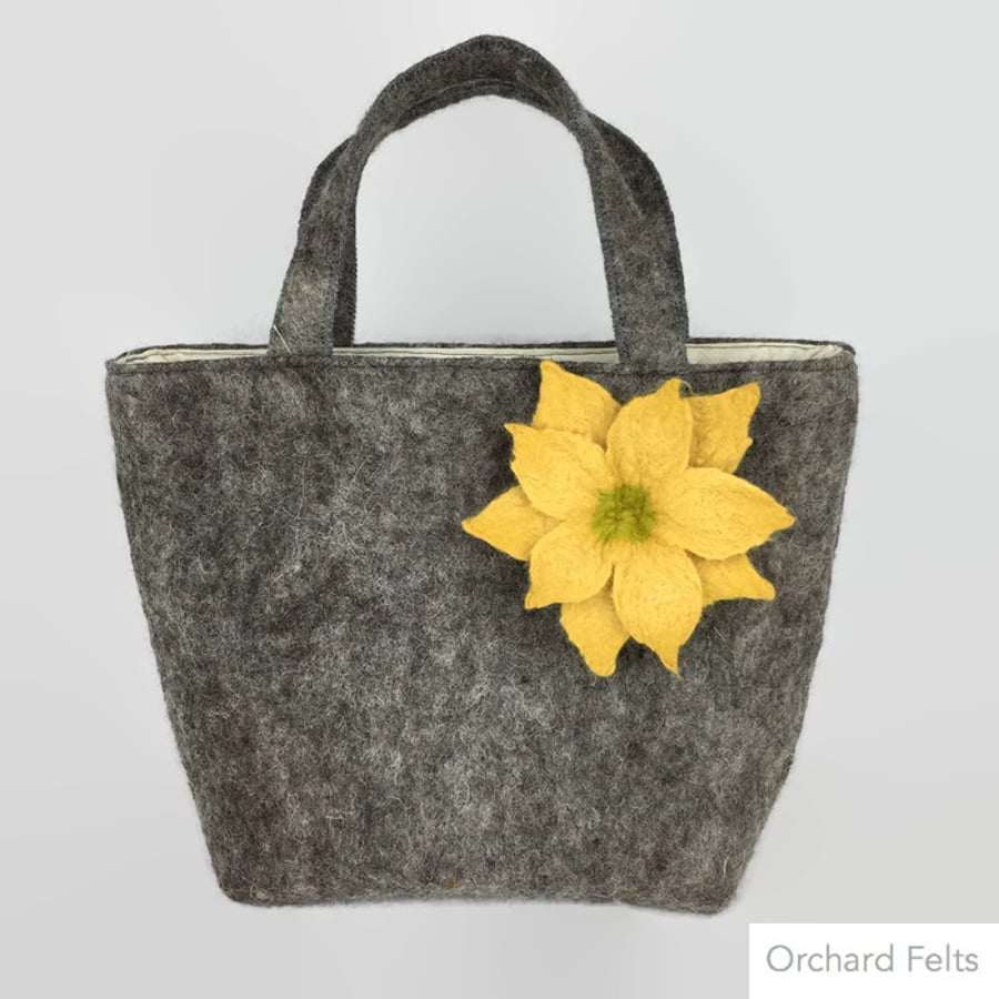 Wet felted handbag, fashion bag, grey wool bag with floral embellishment