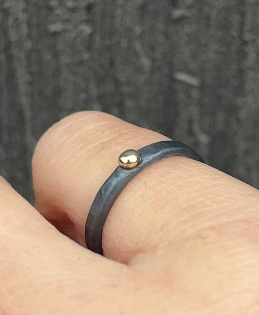 Olde Gold Dot Ring, gold dot ring, oxidised ring, 2mm hammered ring, stack ring,
