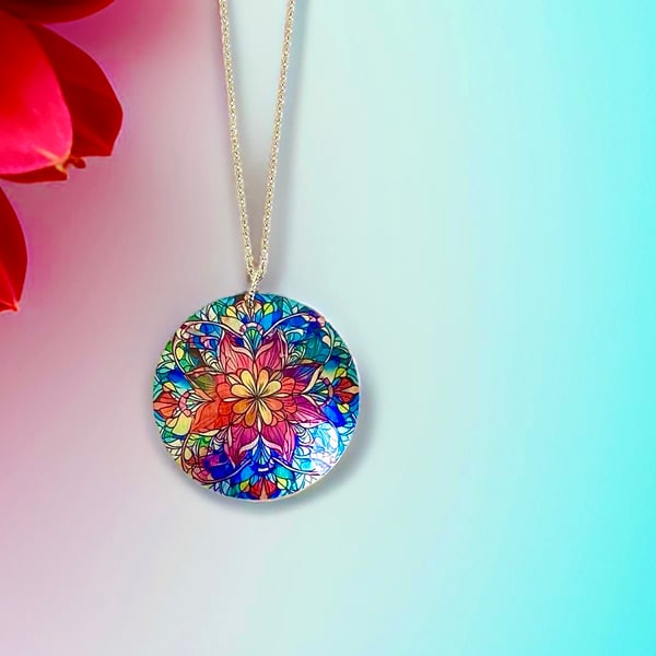 Mandala necklace, 32mm red blue disc pendant, handmade jewellery (M11)