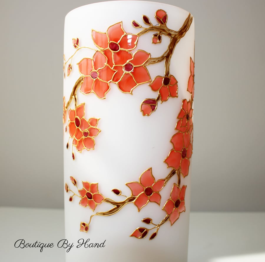 Sakura cherry hand painted floral frosted glass touch table lamp, stained glass,
