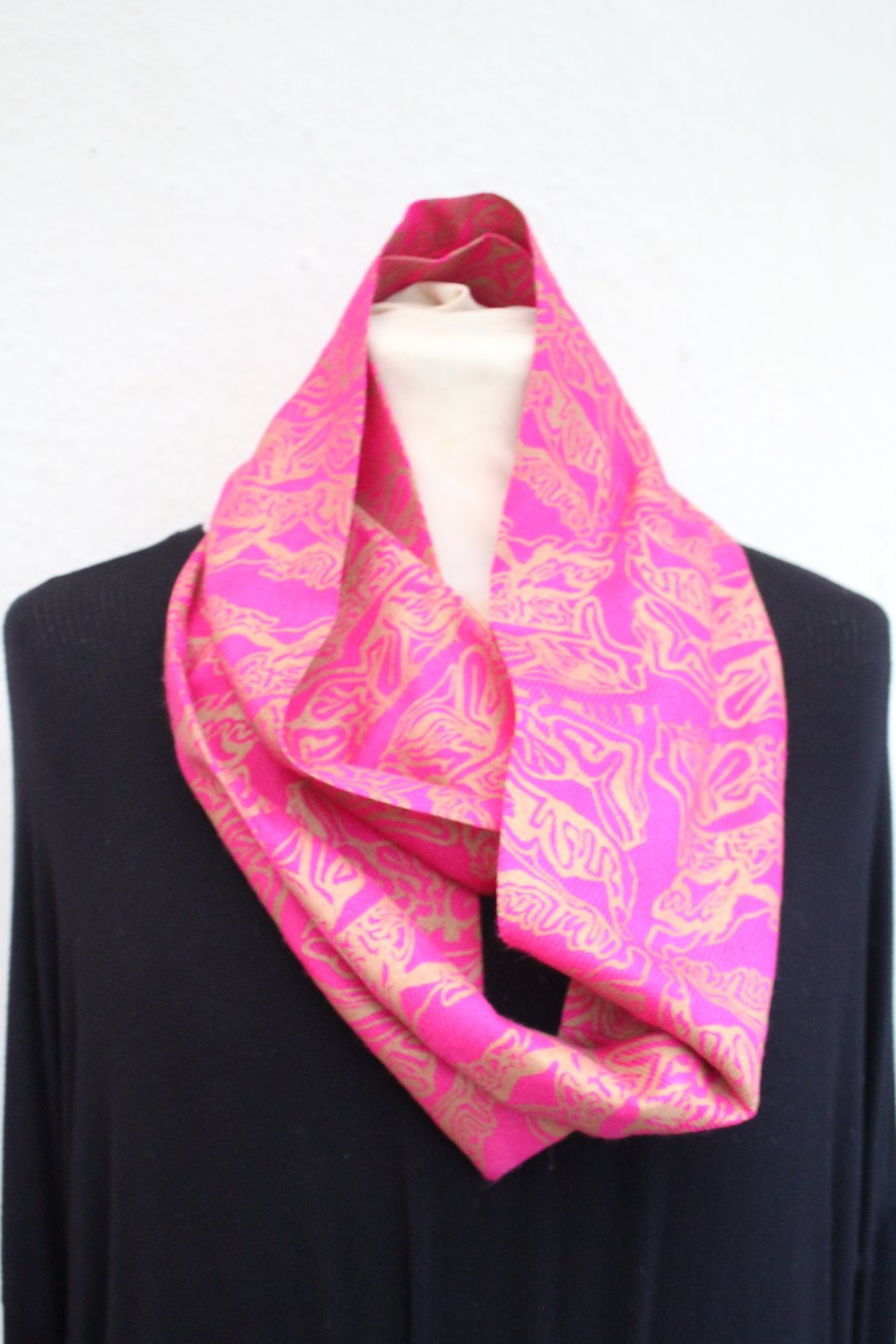 Pink and gold abstract hand printed infinity scarf, up-cycled scarf, gift