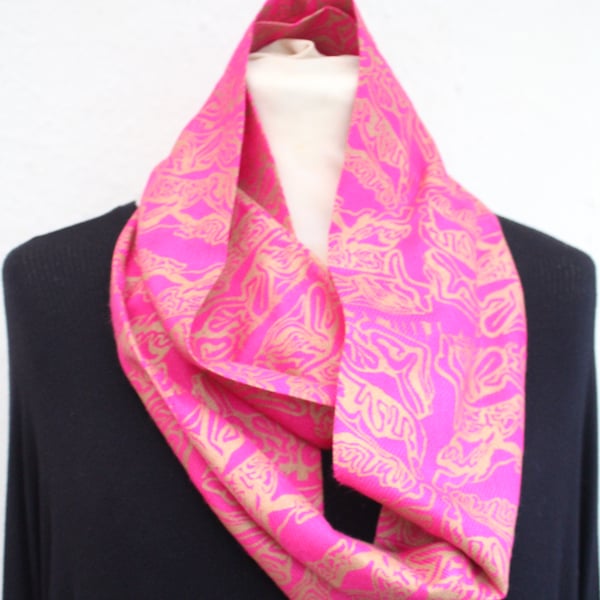 Pink and gold abstract hand printed infinity scarf, up-cycled scarf, gift