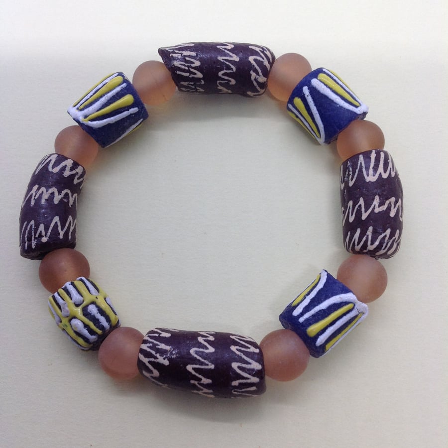 African recycled glass beads bracelet with blue, brown and golden yellow beads