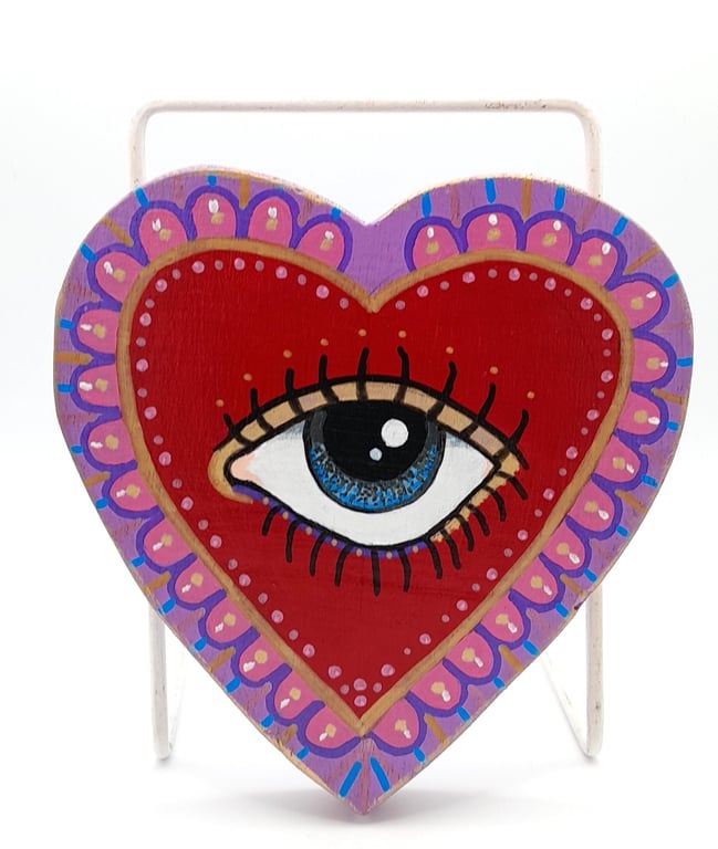 Sacred Heart Wall Art, Hand Painted All Seeing Eye on Wood, Protection Charm