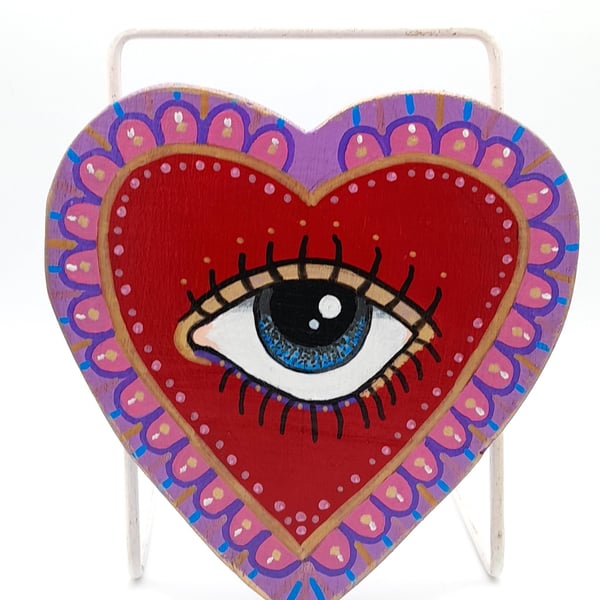 Sacred Heart Wall Art, Hand Painted All Seeing Eye on Wood, Protection Charm