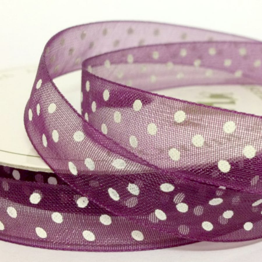 Plum Organza Ribbon with White Dots - 10mm - Full Reel