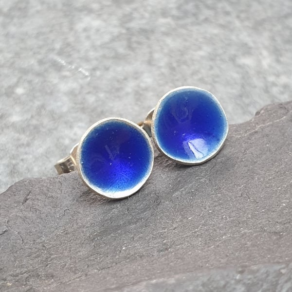 Blue enamel earrings, Cobalt blue studs, Ocean inspired