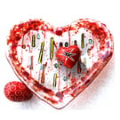 Fused Glass Valentine Heart Dish red Bordered Dichroic 15cm