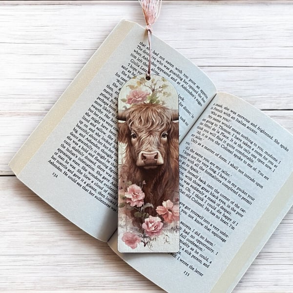 Bookmark, wooden decoupage bookmark, highland cow; 