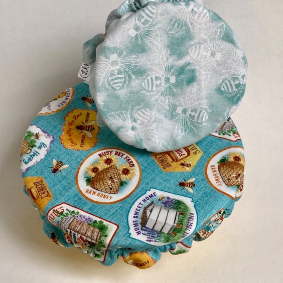 Reusable bowl covers - set of two, small and extra small. Bees and beehives