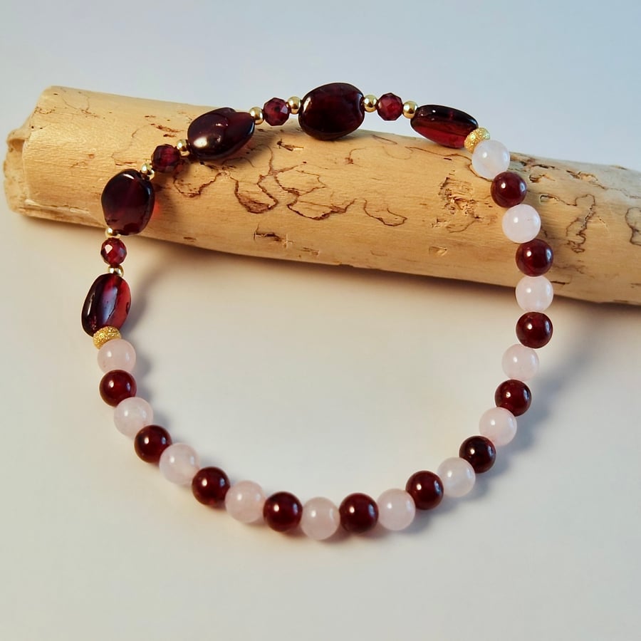 Garnet And Rose Quartz Bracelet - January Birthstone - Handmade In Devon