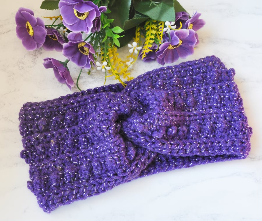 Crochet Twisted Headband Purple Sparkle Ear Warmer Chunky Twist Hand Crochet