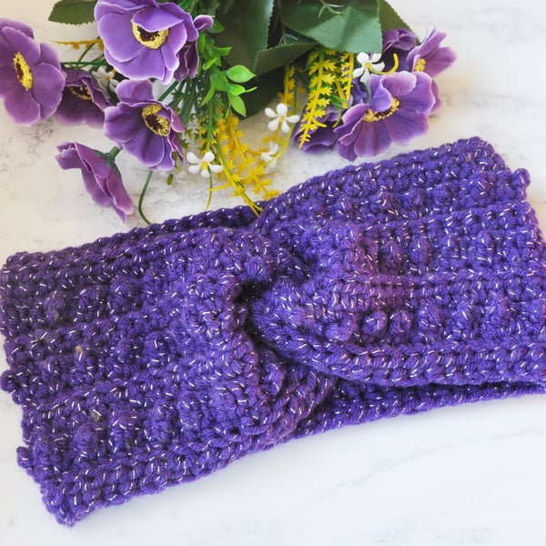 Crochet Twisted Headband Purple Sparkle Ear Warmer Chunky Twist Hand Crochet