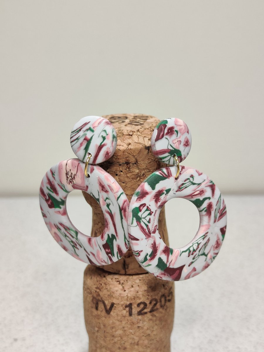 Spring floral scraps hoop dangle polymer clay earrings 