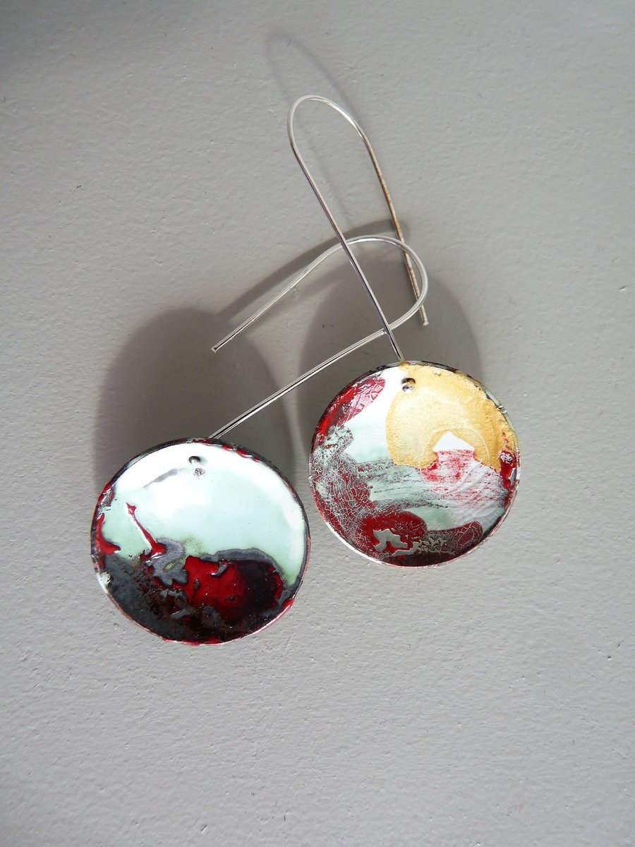 Red and White Domed Enamel Earrings