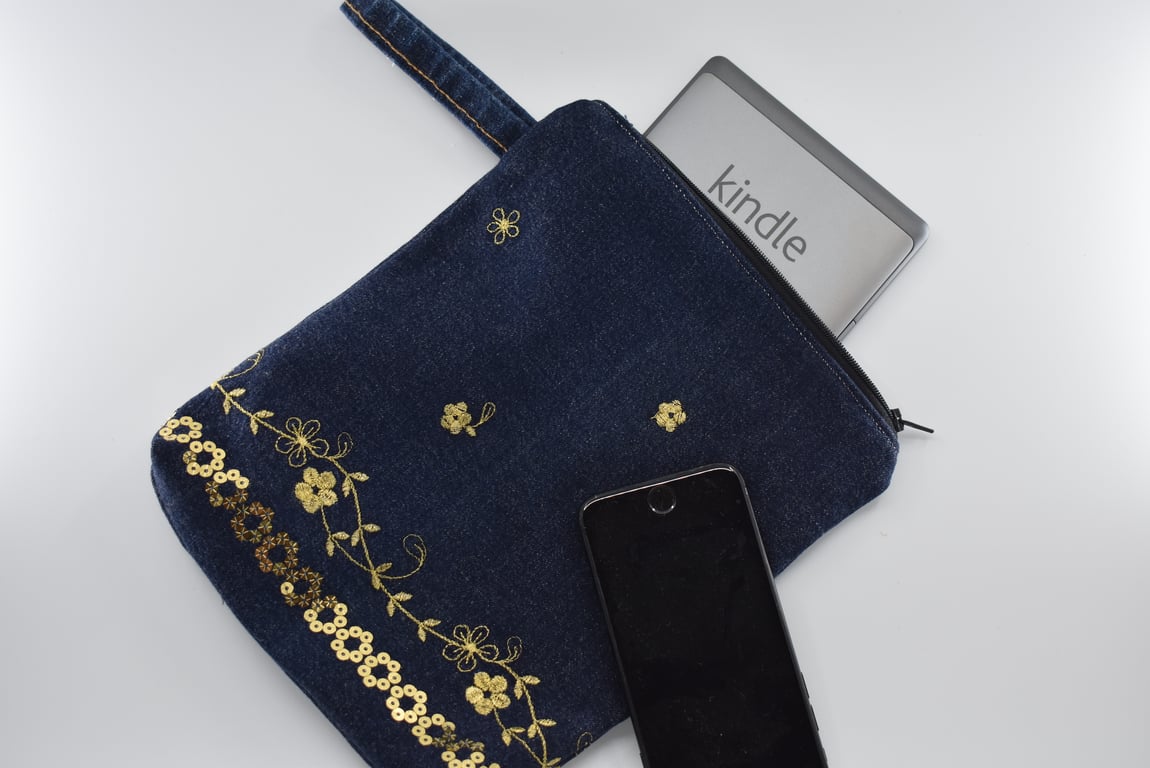 Zip top repurposed glittery denim storage bag for mobile, kindle jewellery etc.