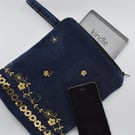 Zip top repurposed glittery denim storage bag for mobile, kindle jewellery etc.