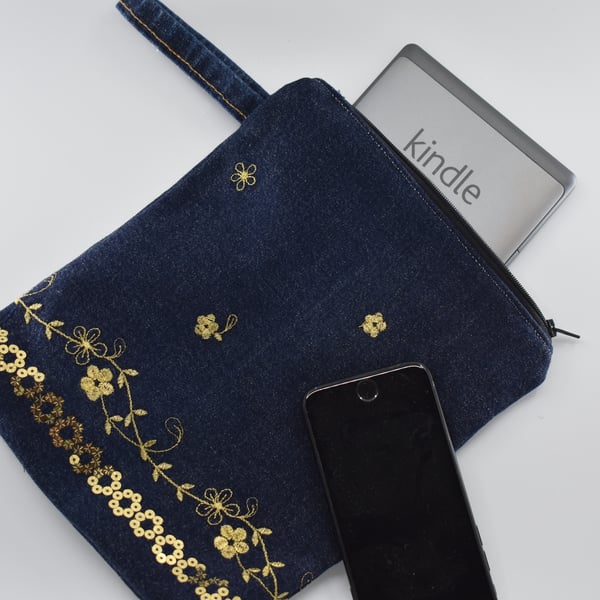 Zip top repurposed glittery denim storage bag for mobile, kindle jewellery etc.