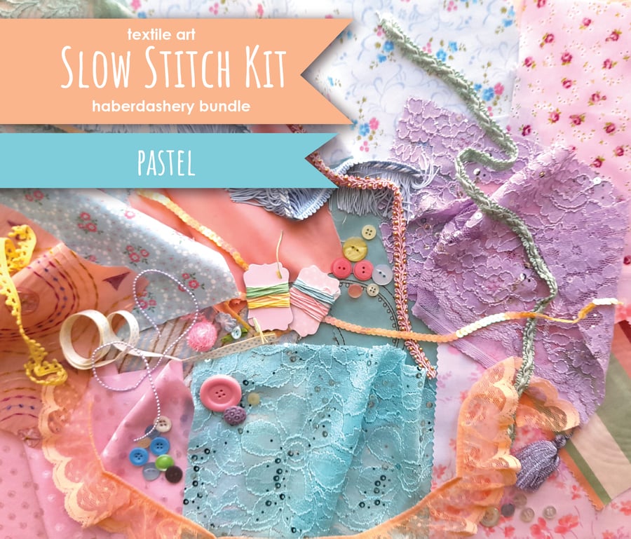 Slow stitching kit - pastel theme. Fabric remnants, fabric bundle