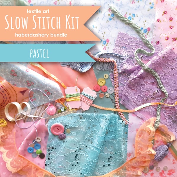 Slow stitching kit - pastel theme. Fabric remnants, fabric bundle