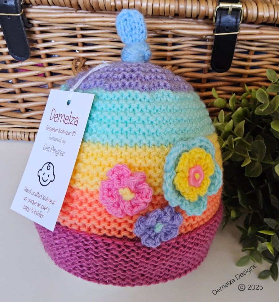 Designer Hand Knitted Girl's Rainbow Flower Hat 9-18 months size 