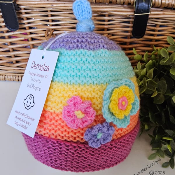 Designer Hand Knitted Girl's Rainbow Flower Hat 9-18 months size 