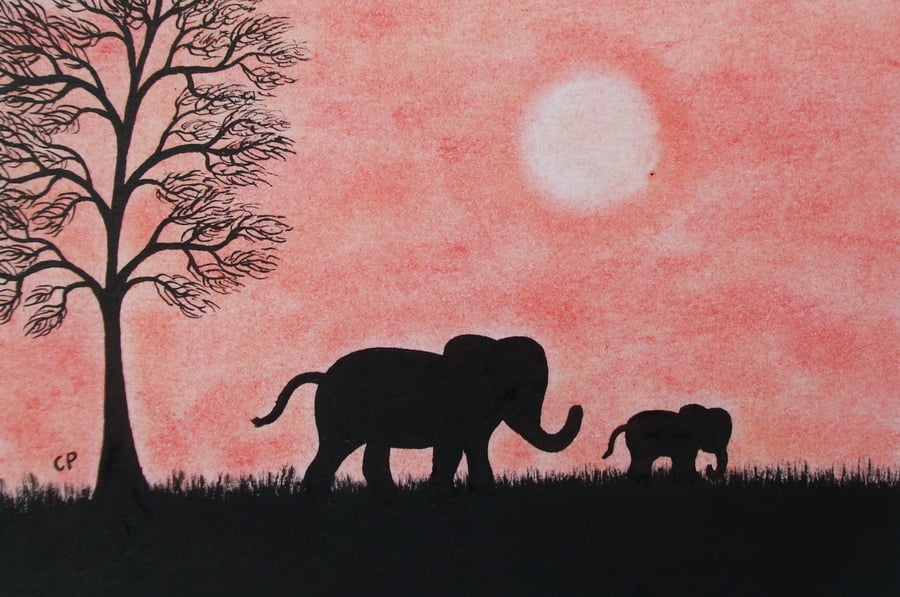Fathers Day Elephant Card, Baby Animal Card, Son Card, Silhouette Art