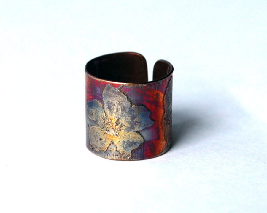 Etched copper flower ring - adjustable size